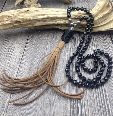 Black Tourmaline Pendant & Bead & Leather Tassel PROTECTION Necklace